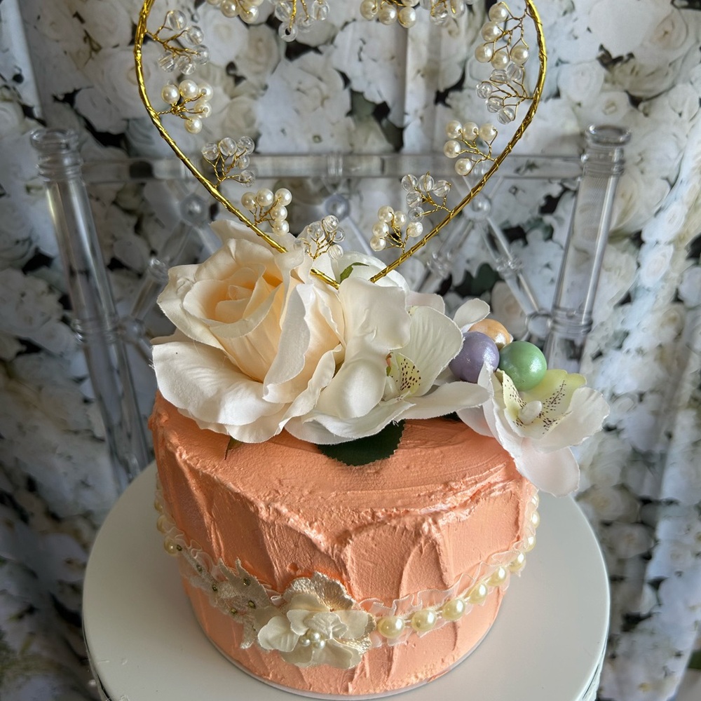 Pearl Heart Peach Floral Decorative Keepsake Cake Topper / Decoration